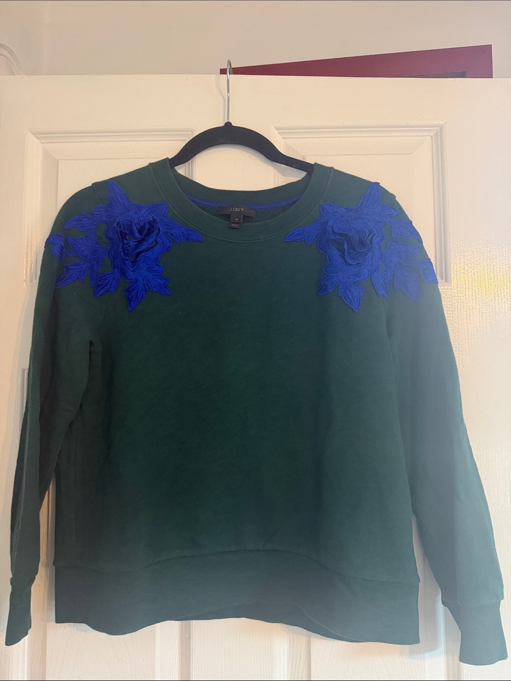 J. Crew Forest Green Sweatshirt with Cobalt Blue Appliqués